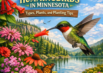 Colorful infographic with illustrations of different types of hummingbirds and native Minnesota plants.