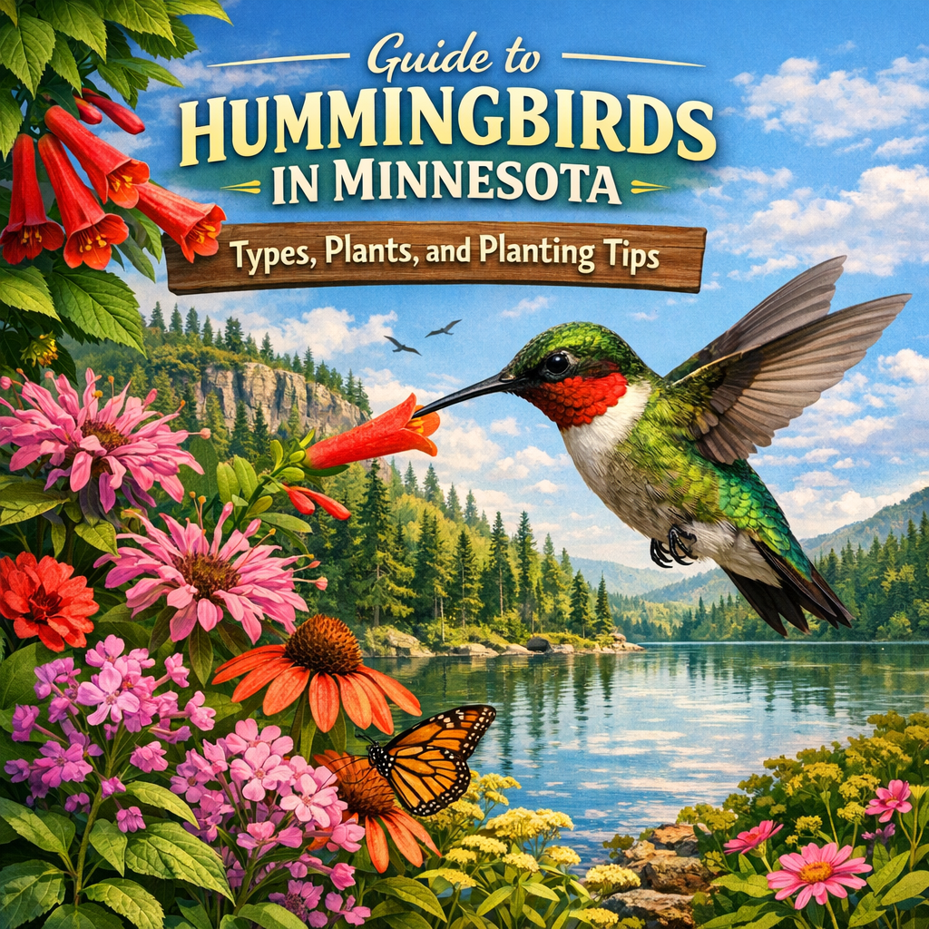Colorful infographic with illustrations of different types of hummingbirds and native Minnesota plants.