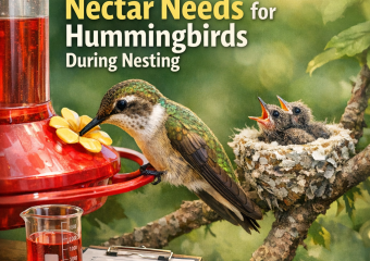 Hummingbird feeding chicks nectar in nest, with scientific papers visible.