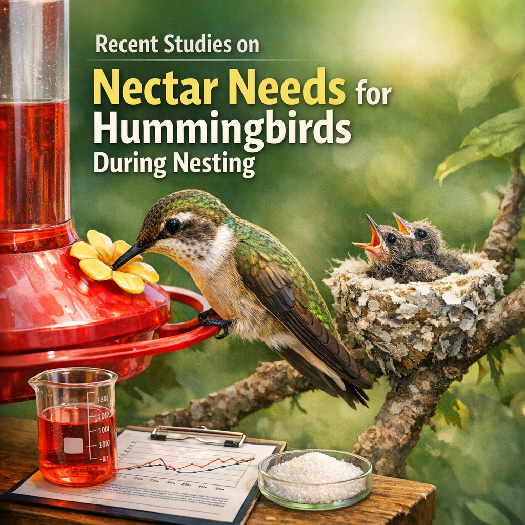 Hummingbird feeding chicks nectar in nest, with scientific papers visible.