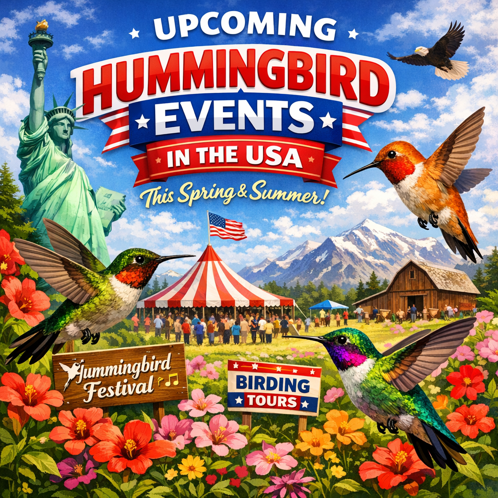 Colorful illustration of hummingbirds and a map of the USA highlighting spring and summer events.