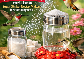 Hummingbirds feeding from a nectar maker filled with white sugar and sugar cubes.