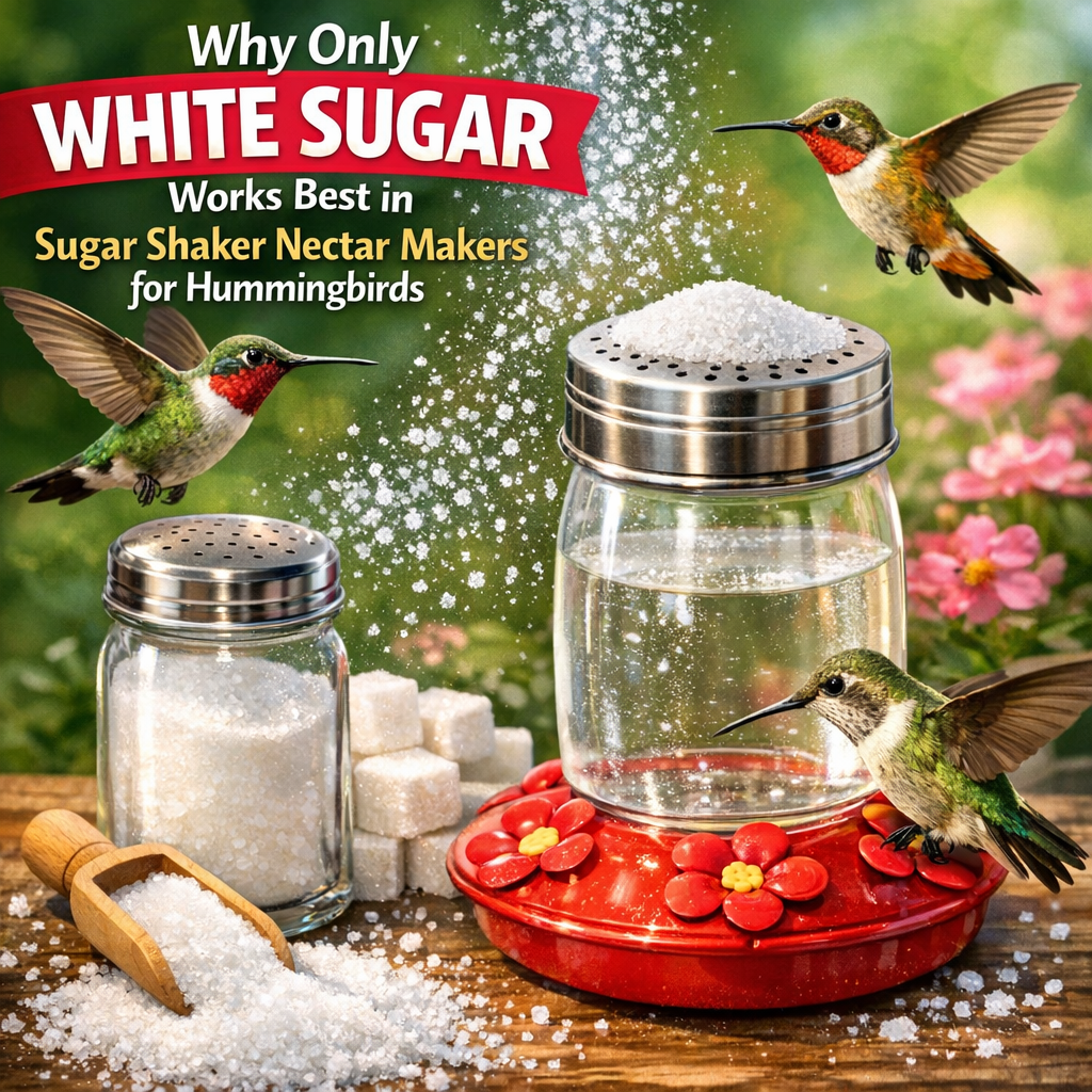 Hummingbirds feeding from a nectar maker filled with white sugar and sugar cubes.